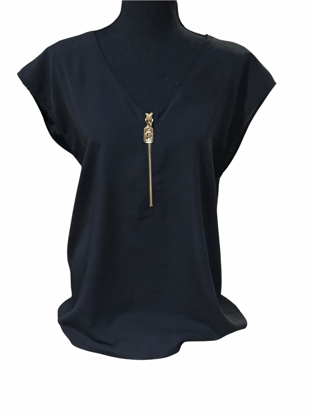 Michael Kors Black V-Neck Blouse with Gold Zip Pull - Women’s Large